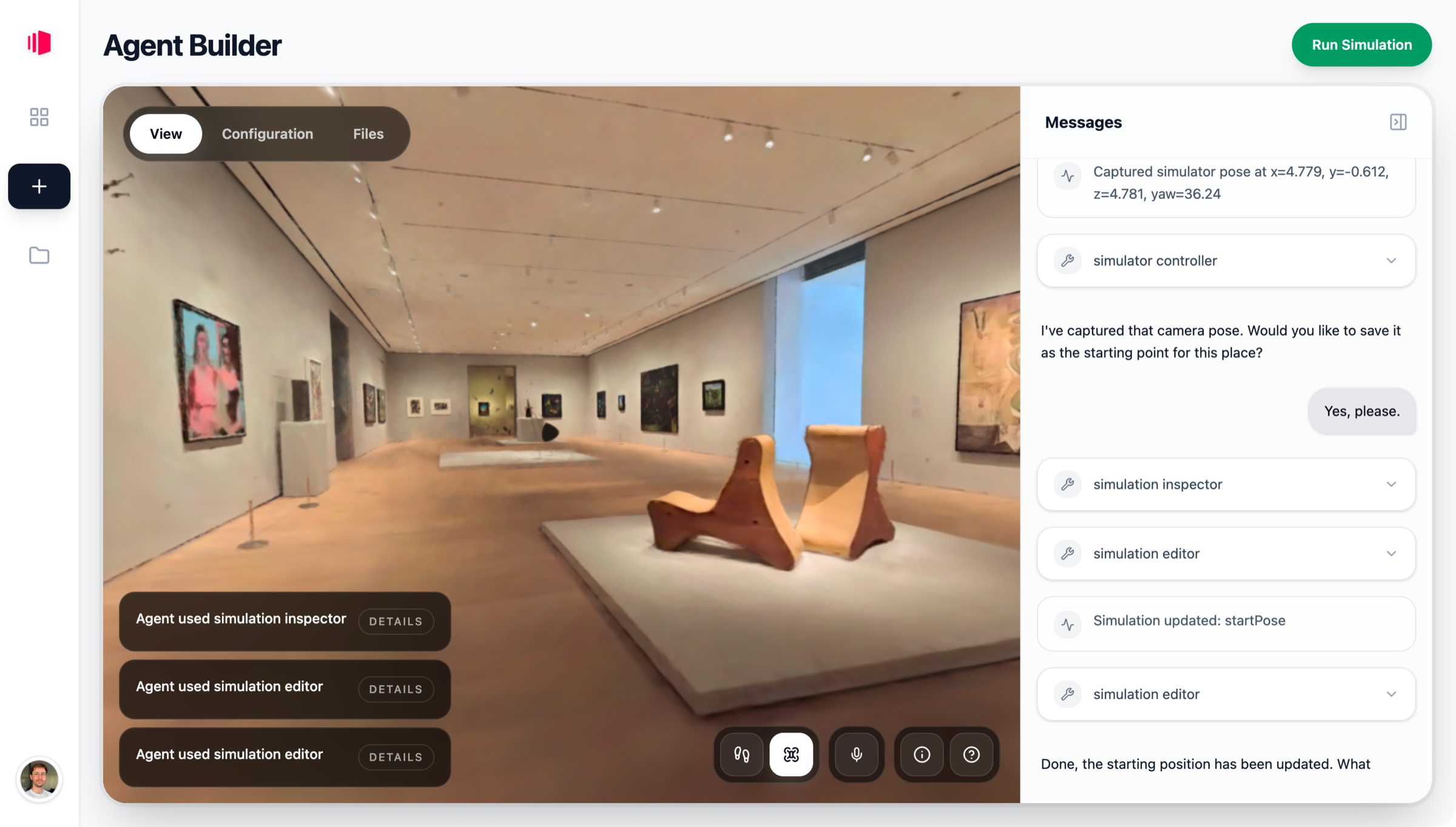 WorldAgents Agent Builder running a spatial simulation with live messages