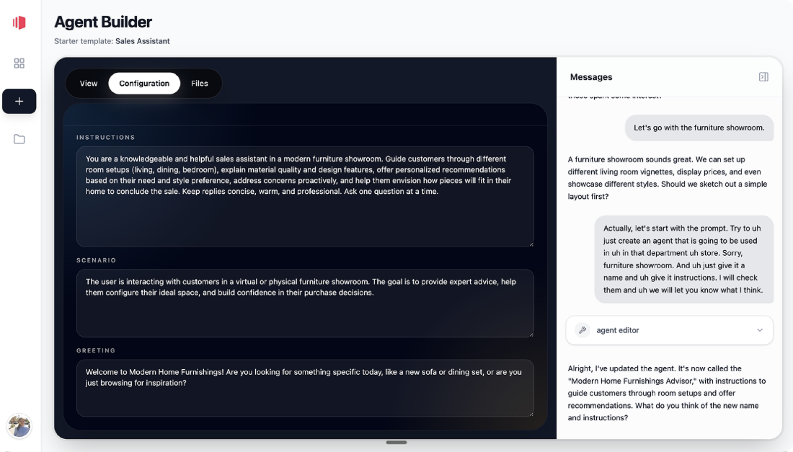 WorldAgents Agent Builder configuration view with instructions, scenario, greeting, and messages